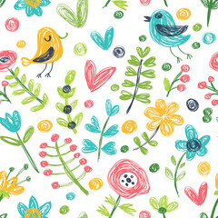 Seamless vector background with birds and flowers. Children style.