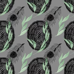 Tapeten Grau Nahtloses Muster aus Aquarell und grafischen Pflanzenzweigen. Die Vorlage kann für das Design von Geschenkboxen, soziale Medien und Branding verwendet werden