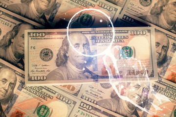 Double exposure of startup drawing over usa dollars bill background. Young business concept.