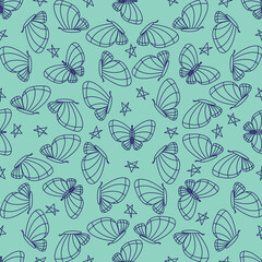 Fototapeta na wymiar Seamless pattern with the image of butterflies on a blue background. The texture is drawn by line butterflies.