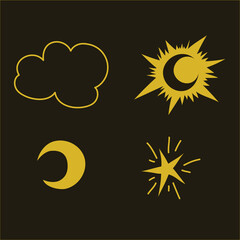 Hand-drawn icons - sun, star, cloud and moon are drawn in yellow on a dark background. Cartoon style icons on a dark sky.
