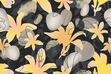 Abstract graphic seamless pattern with lilies and stones. Modern background.
