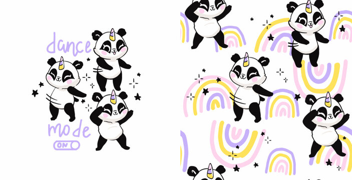 vector illustration. Print and pattern set. Cute pandas with unicorn horn dancing.Lettering dance mode  on . Can be used as a design for children's clothing 