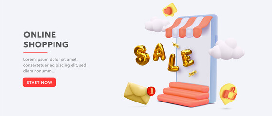 Shopping online banner on website or mobile application with store, mail, social icons, clouds in 3d realistic style. Vector illustration