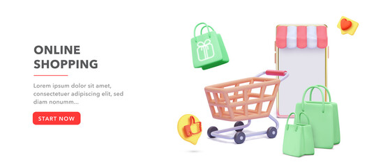 Store banner with phone, cart, gift bags isolated on white background. Vector illustration
