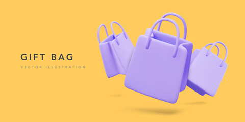 Banner for online shopping with 3d realistic gift bags. Vector illustration