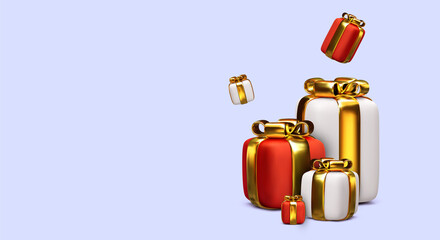 Realistic pile white and red gifts boxes. Decorative festive object. New Year and Christmas design. Vector illustration