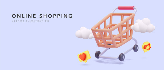 Online shopping banner with shopping cart, clouds and social icons. Vector illustration