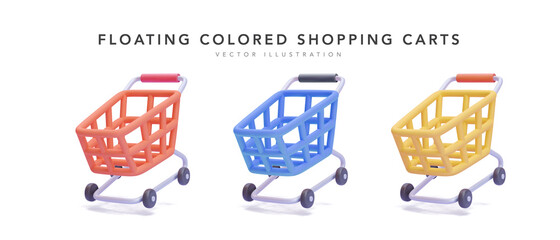 Set of floating coloured shopping carts isolated on white background in 3d realistic style. Vector illustration © bs_k1d