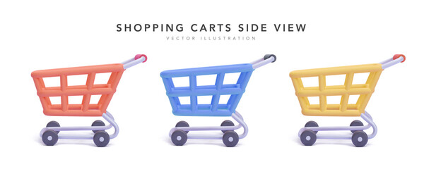 Set of shopping carts side views isolated on white background in 3d realistic style. Vector illustration © bs_k1d