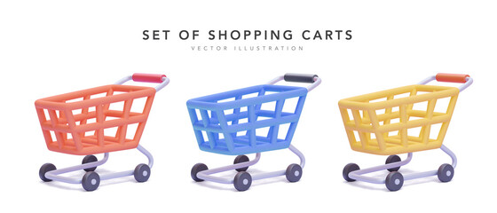 Collection of shopping carts on white background in 3d realistic style. Vector illustration - obrazy, fototapety, plakaty