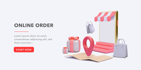 Banner concept for fast online order with store in phone, gifts, gift bags, location in 3d realistic style. Vector illustration