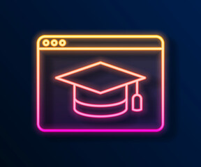 Glowing neon line Online education and graduation icon isolated on black background. Online teacher on monitor. Webinar and video seminar learning. Vector