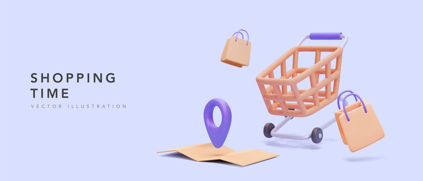 Shopping time banner with realistic 3d map, cart and gift bags. Vector illustration