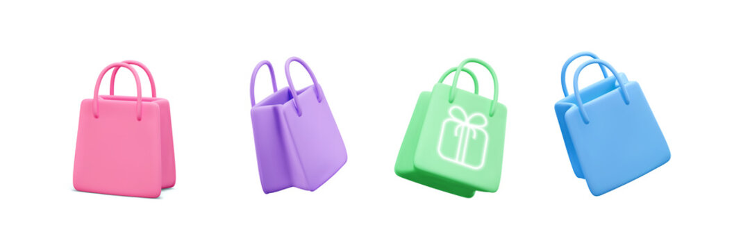 Set of colour realistic shopping bags in realistic style. Stylish fashionable bag isolated on white background. Vector illustration