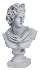 Head of gypsum statue of greek god Apollo isolated on a white background. Antique statue.