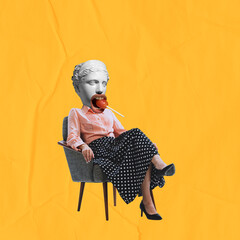 Contemporary art collage with young woman with plaster head of ancient statue sitting in armchair...