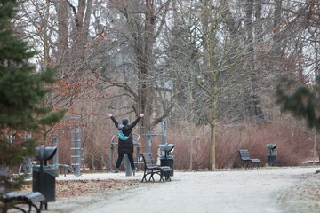 walking in the park, trees, hands up, guy, workout, 