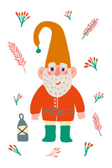 Little garden gnome with beard and cap. Cute elf holiday gnome with hat, lamp and field plants. Flat cartoon vector illustration. Children's illustration for a postcard, print for a T-shirt, for bag.