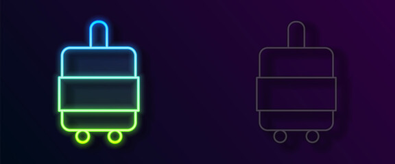 Glowing neon line Suitcase for travel icon isolated on black background. Traveling baggage sign. Travel luggage icon. Vector