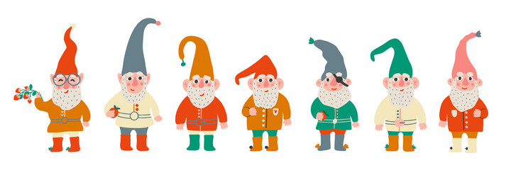 Set of little garden gnomes with beard. Collection of cute elfs holidays gnomes with hats. Flat cartoon vector illustration. Drawing for children.
