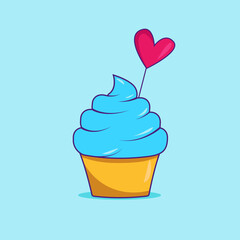 Bright colored blue cupcake with a heart on a blue background