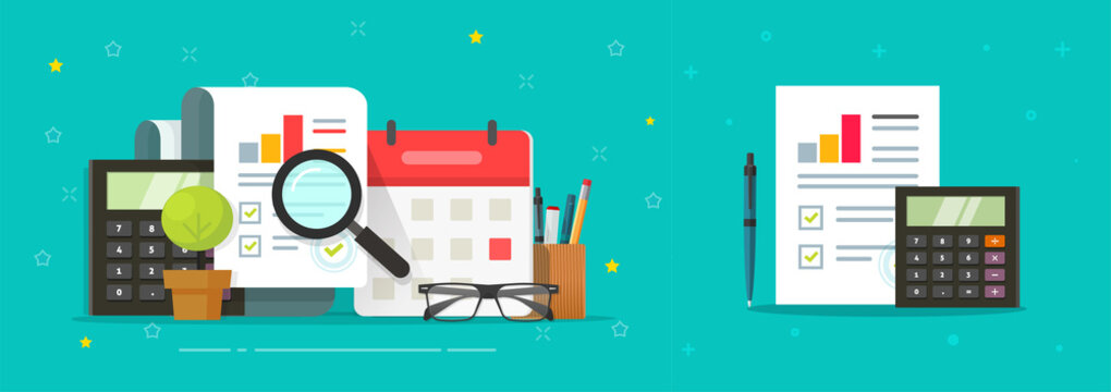 Report research of business project document with chart graphs data vector or analyze inspection process of paper financial results of market study flat cartoon illustration, tax calculation idea