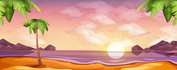 Fototapeta na wymiar Vector cartoon sea with sunset or sunrise on beach. Landscape of ocean with sand coastline, palm trees and mountains on horizon. Nature landscape background with clouds in sky and rising sun.