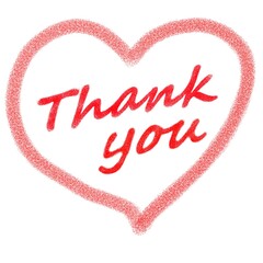 ハートマークと「Thank you」の文字、赤いクレヨンで描かれたイラスト