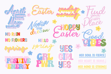 Collection of Spring motivational and positive quotes. Ideal for creating postcards and posters. Editable Vector Illustration.