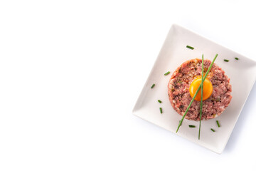 Fototapeta na wymiar Beef steak tartare isolated on white background. Copy space