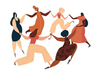 Happy International Woman Day Party.Confident Women Dancing in Female Circle Together.Eight of March Celebration. Protect Free Confident Women. Feminine, Female Empowerment Flat Vector Illustration