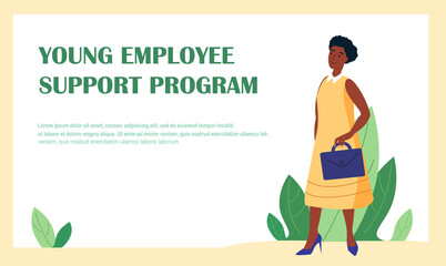 Young Talented Employee Landing Page Template.Growing Talent Concept.African Female Character Business Woman Stands with Briefcase.Personal Development,Growing,Career ladder.People Vector Illustration