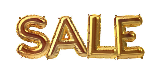 3D Render of golden inflatable foil balloon letters sale. Party decoration element. Black Friday, shopping. Yellow word isolated on white background. Graphic element sign for web design