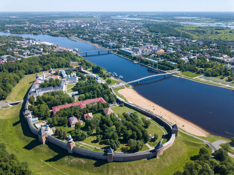 Aerial view of Velikiy Novgorod Kremlin in Russia
