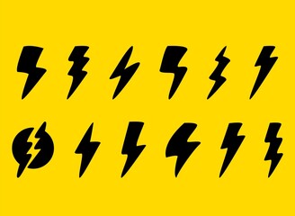 Thunder and Bolt Lighting Flash Icons Set. Flat Style isolated on yellow background. Vector illustration.