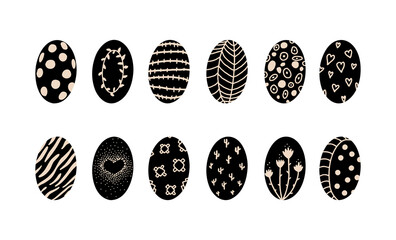 Easter Eggs with geometric and floral patterns. Set with black hand drawn holiday design elements. Vector illustration isolated on white background