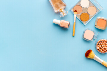 Frame of decorative makeup cosmetic products. Beauty background