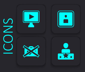 Set Actor star, Online play video, Play Video and Prohibition no recording icon. Black square button. Vector