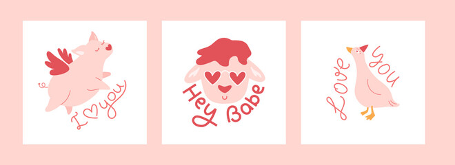 Lovely animals cards. Funny goose with heart in the eye, cute pig with angel wings, sheep in heart shaped glasses and text hey babe. Linear words I love you. Valentine's Day simple prints set.