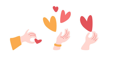 Fototapeta premium Hands set giving a hearts. Simple human parts, love concept. Elements for Valentine's Day banners, stickers, prints. Vector illustration.