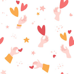 Hands set giving a hearts. Stars and abstract shapes textures. Simple human parts, love concept. Valentine's Day background, romantic wallpaper, lovely bright banner, print. Vector illustration.