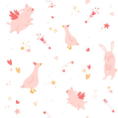 Animals in love seamless pattern. Funny bunny with hearts in eyes, goose, cute flying pig with angel wings. Arrows, abstract textured elements. Valentine's Day background, banner, kids print