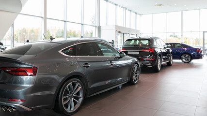 Fototapeta na wymiar car dealership interior Premium cars lined up