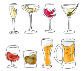 Set of glasses for wine, martini, champagne, whiskey, beer and other. Modern Minimalist Style. One continuous line drawing. Vector illustration