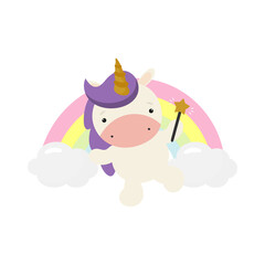 Magic Cute Unicorn with magic wand. Vector illustration Cartoon. For kids stuff, card, posters, children books, printing on the pack, printing on clothes, fabric, wallpaper, textile or dishes.