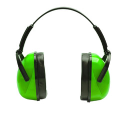 green earphones to work at the machine cut out on white background