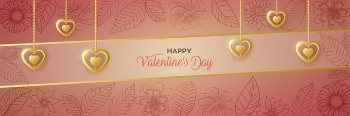  Happy Valentine's Day banner & website header. Unique & creative floral background design with golden shiny hearts pendants jewelry with beads. Horizontal poster, flyer, greeting card. Online concept
