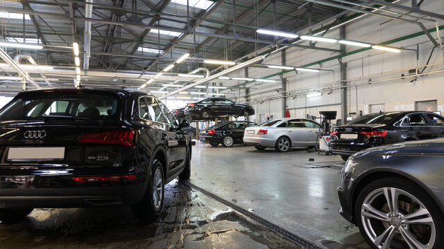 Minsk, Belarus - Jan 05, 2022: Audi car service center with waiting and repairing cars