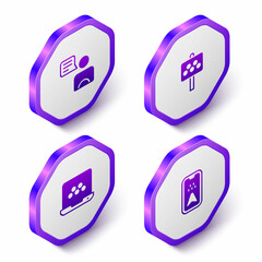 Set Isometric Taxi driver, Road sign for taxi stand, mobile app and Infographic of city map icon. Purple hexagon button. Vector
